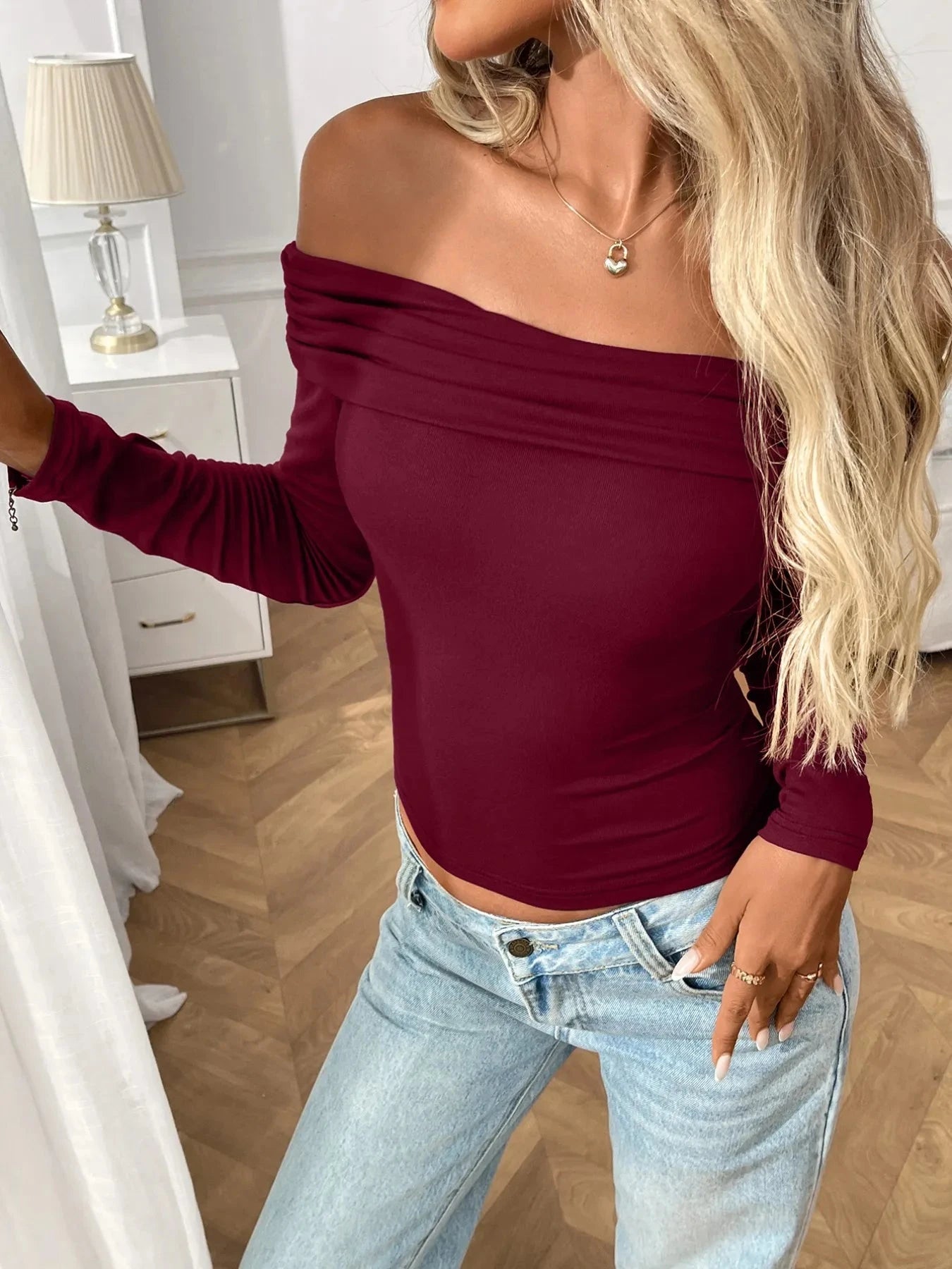 Off-Shoulder Long Sleeve Fitted T-Shirt