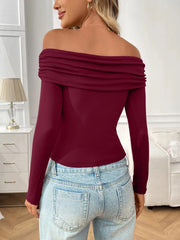 Off-Shoulder Long Sleeve Fitted T-Shirt