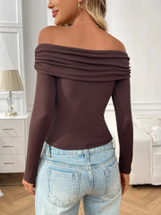 Off-Shoulder Long Sleeve Fitted T-Shirt