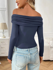 Off-Shoulder Long Sleeve Fitted T-Shirt