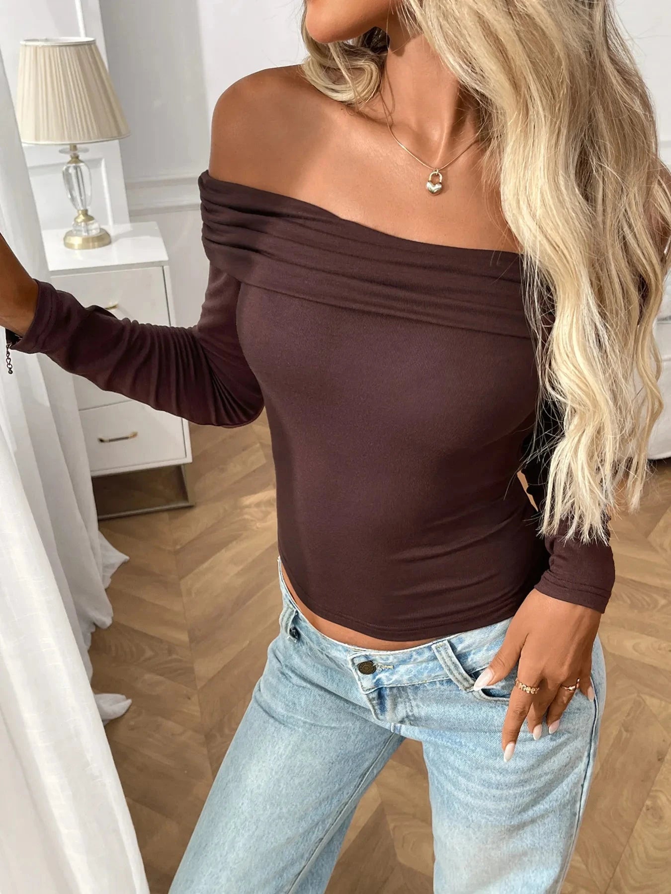 Off-Shoulder Long Sleeve Fitted T-Shirt