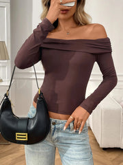 Off-Shoulder Long Sleeve Fitted T-Shirt