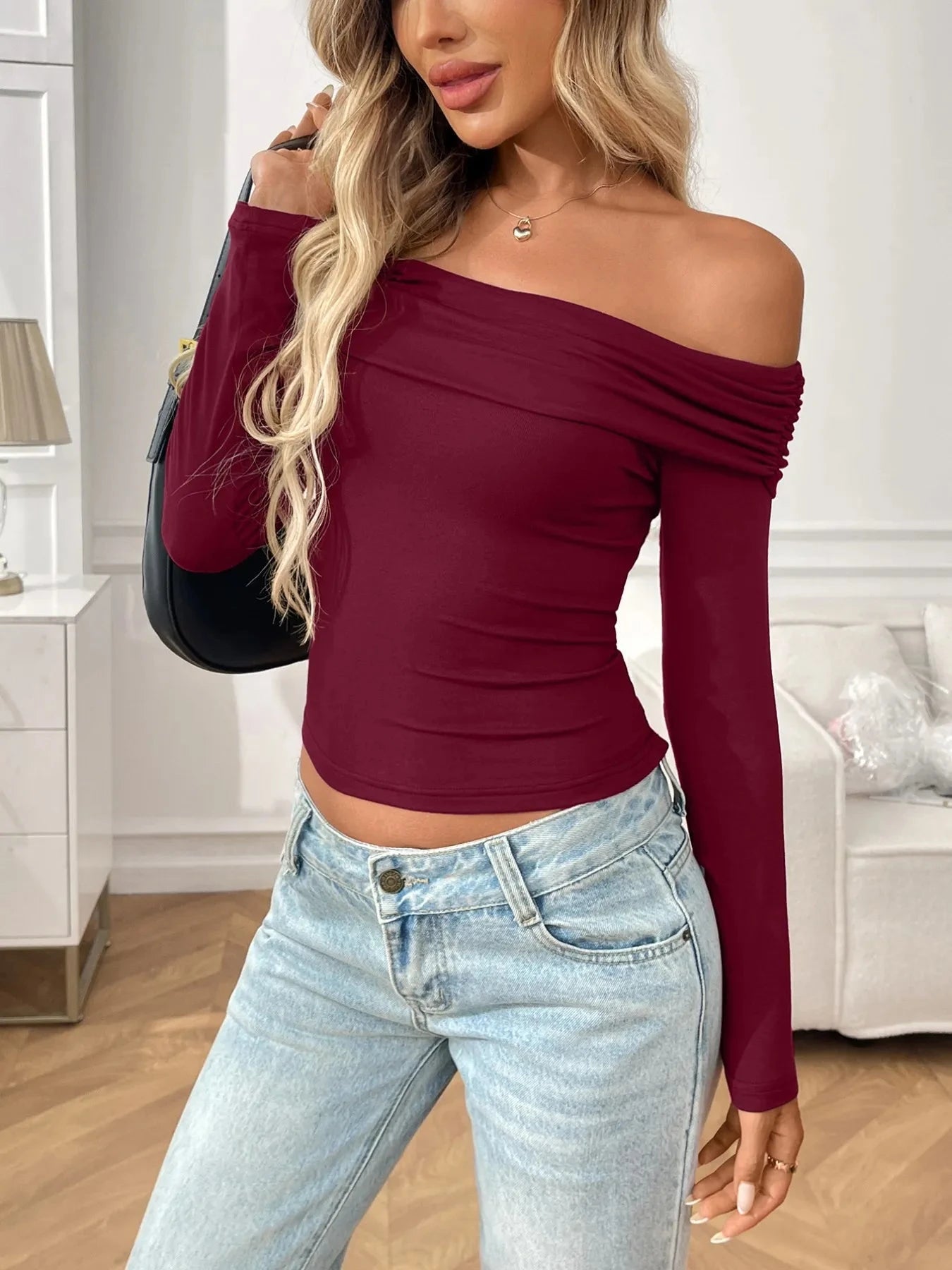 Off-Shoulder Long Sleeve Fitted T-Shirt