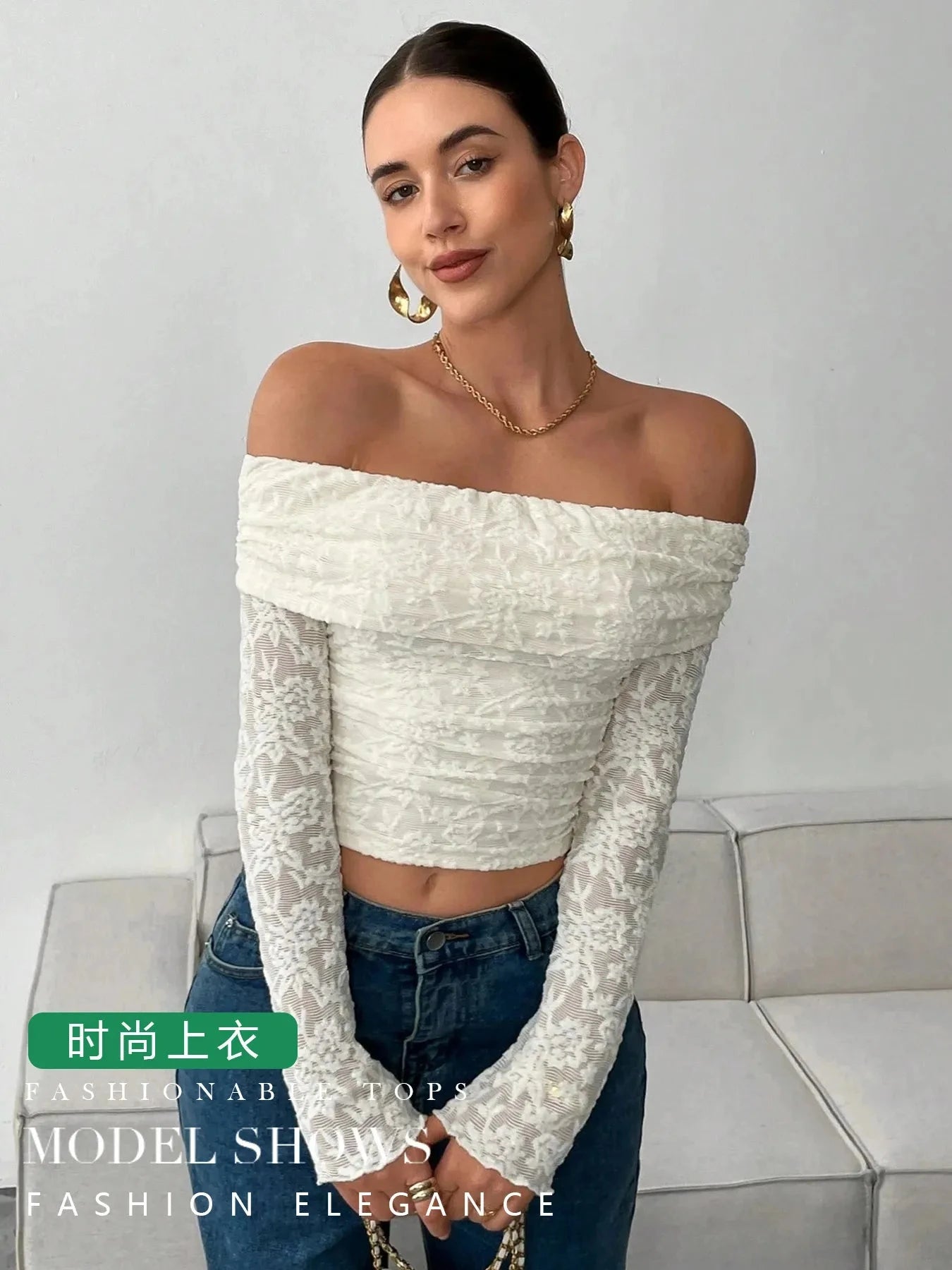 Off Shoulder Long Sleeve Lace Top