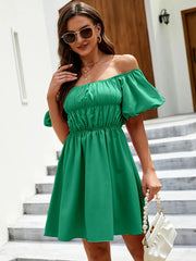 Off-Shoulder Puff Sleeve Mini Dress Green / S