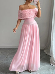 Off-Shoulder Rose Embellished Maxi Dress Pink / S