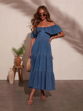 Off Shoulder Ruffle Tiered Denim Dress Dark Blue / S