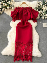 Off-shoulder Ruffled Exaggerated Sleeves Scalloped Dress M / DarkRed