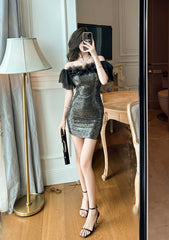 Off-Shoulder Ruffled Sleeves Dazzling Mini Dress