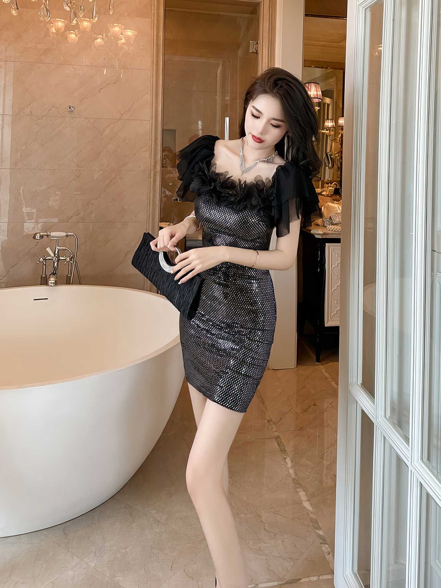 Off-Shoulder Ruffled Sleeves Dazzling Mini Dress