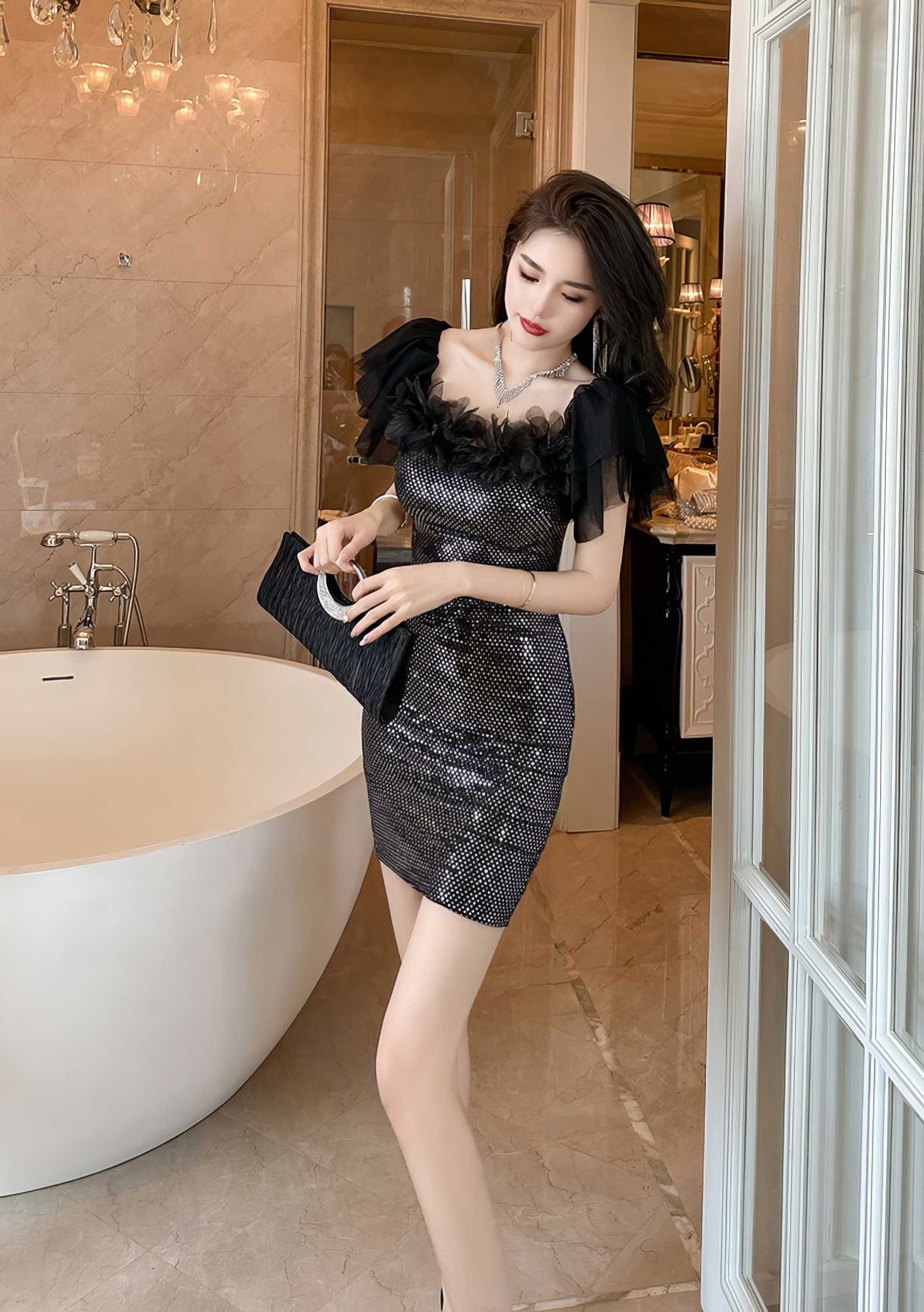 Off-Shoulder Ruffled Sleeves Dazzling Mini Dress
