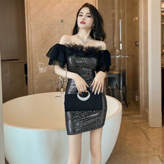 Off-Shoulder Ruffled Sleeves Dazzling Mini Dress