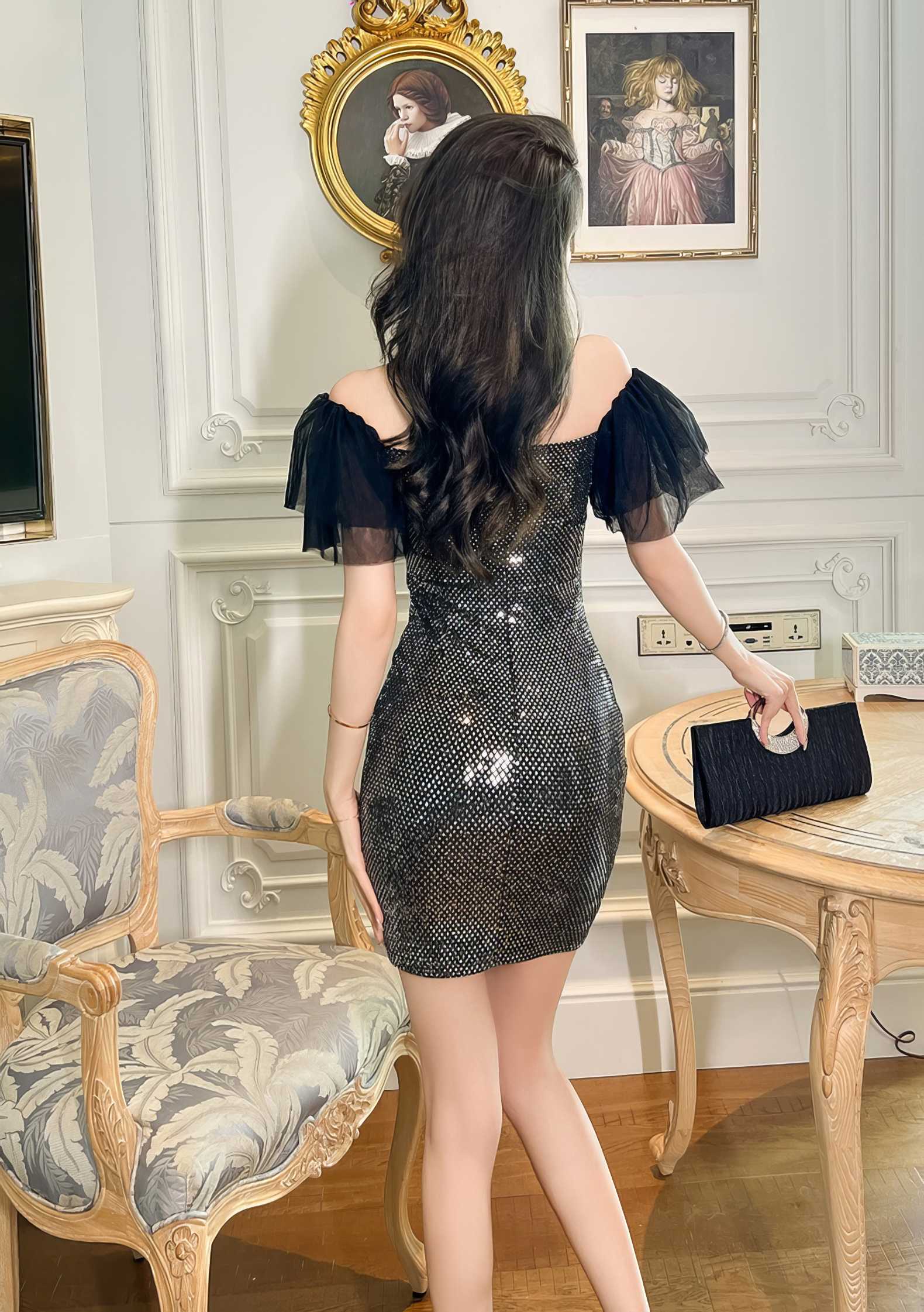 Off-Shoulder Ruffled Sleeves Dazzling Mini Dress