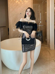 Off-Shoulder Ruffled Sleeves Dazzling Mini Dress S / Black