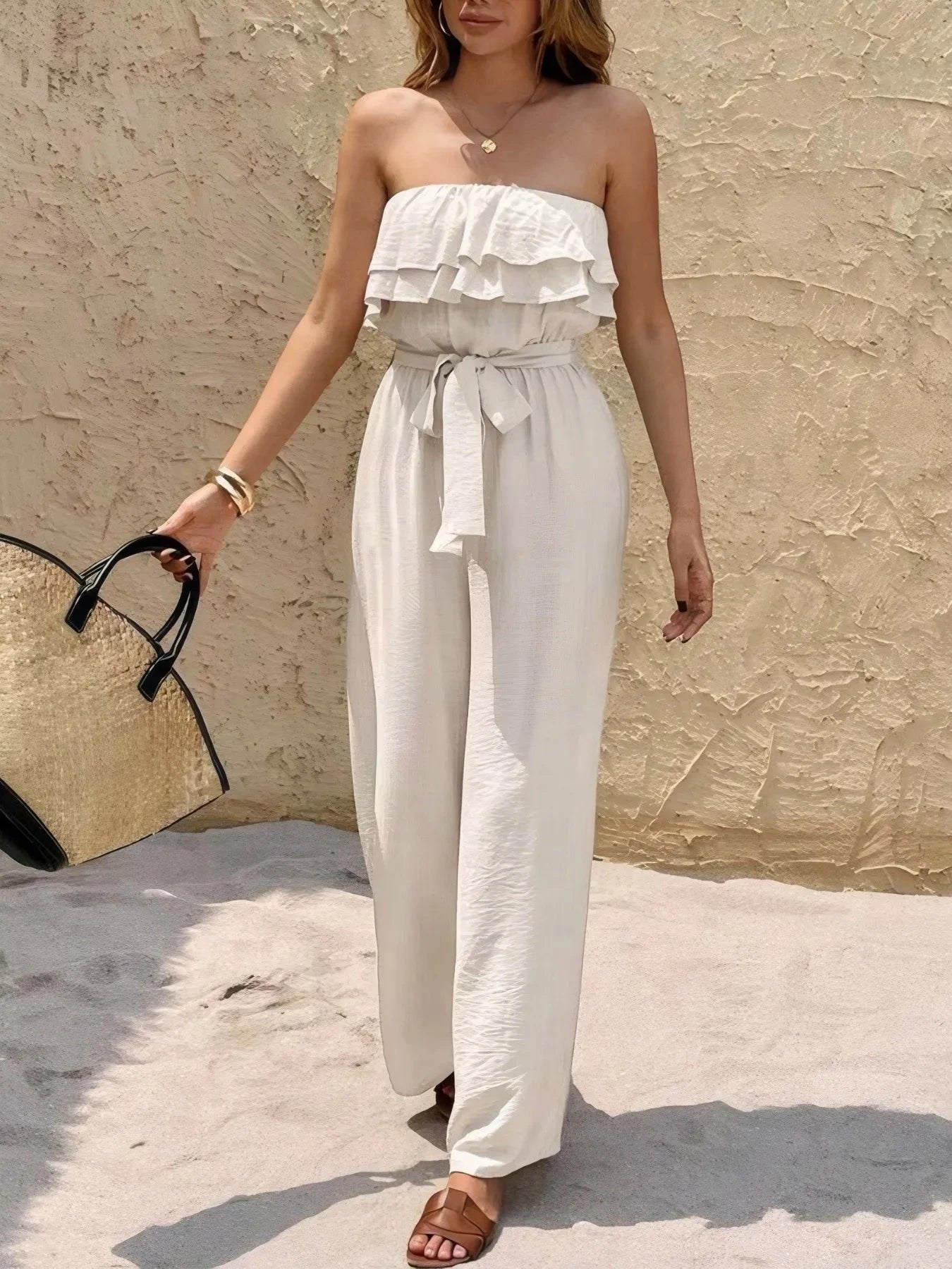 Off-Shoulder Ruffled Wide Leg Jumpsuit