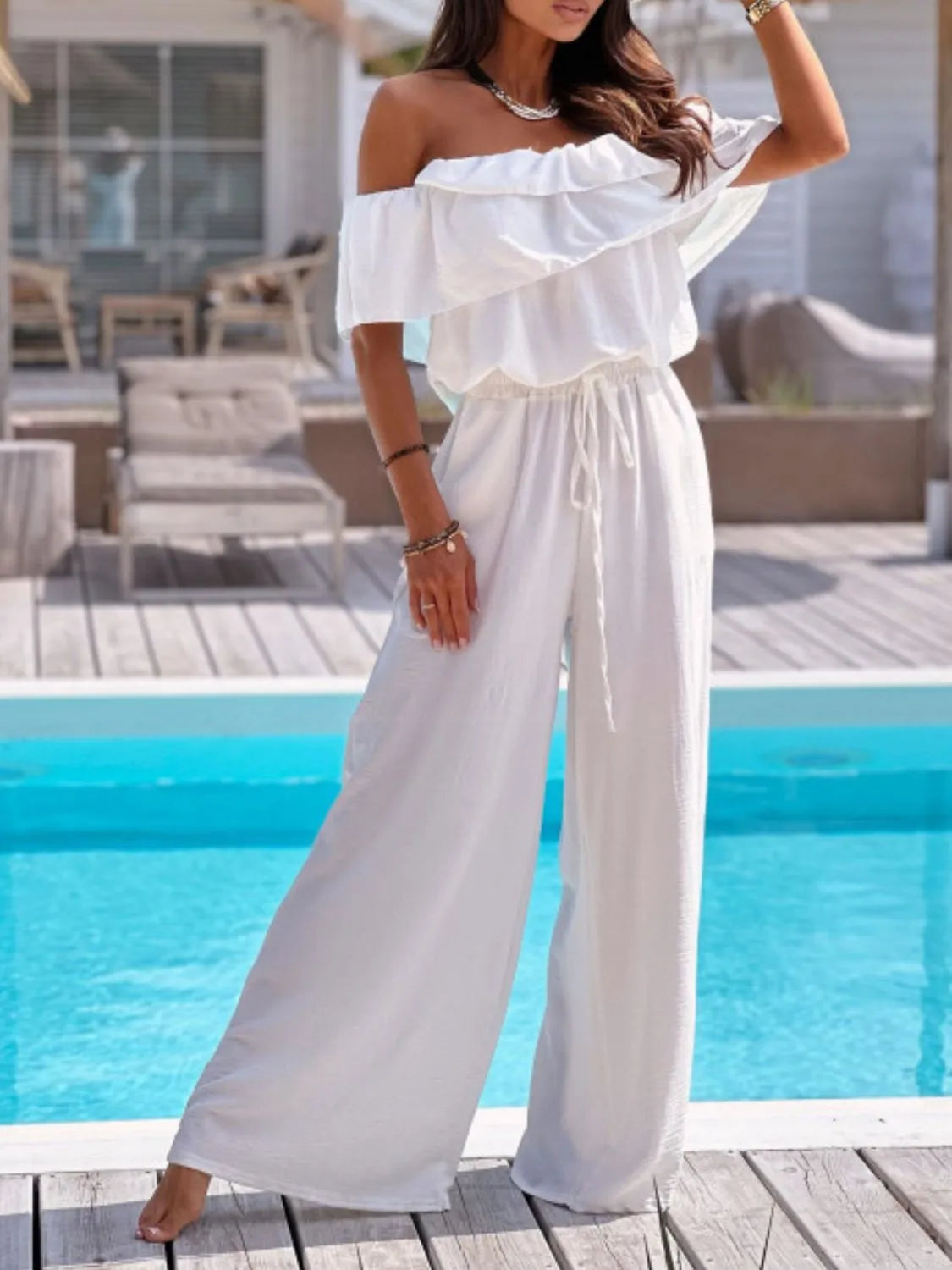 Off-Shoulder Ruffled Wide Leg Jumpsuit
