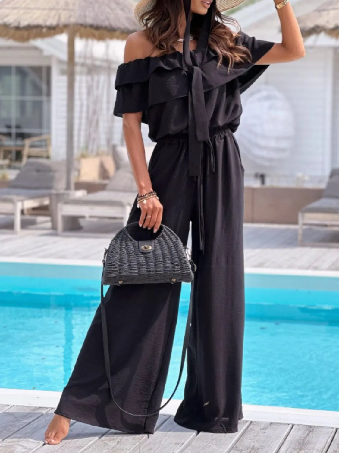 Off-Shoulder Ruffled Wide Leg Jumpsuit Black / S