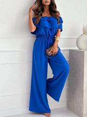 Off-Shoulder Ruffled Wide Leg Jumpsuit Blue / S