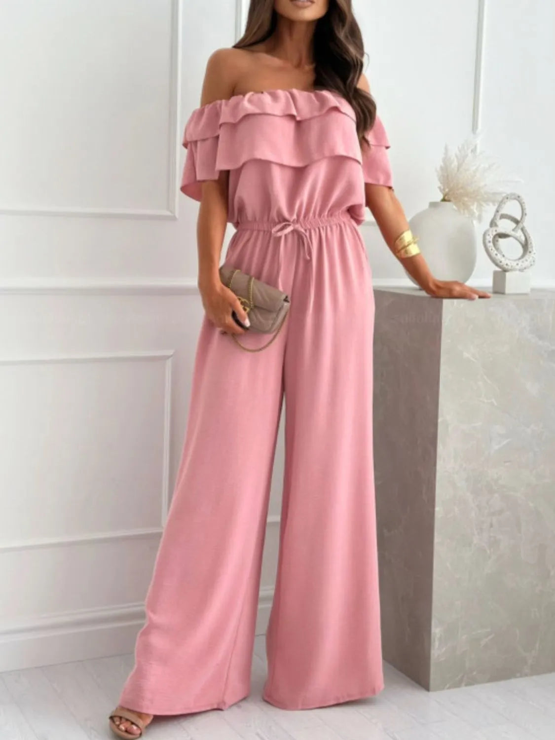 Off-Shoulder Ruffled Wide Leg Jumpsuit Pink / S