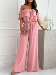 Off-Shoulder Ruffled Wide Leg Jumpsuit Pink / S