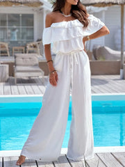 Off-Shoulder Ruffled Wide Leg Jumpsuit White / S
