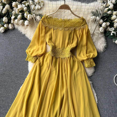 Off-Shoulder Scalloped Lace-Trimmed Maxi Dress