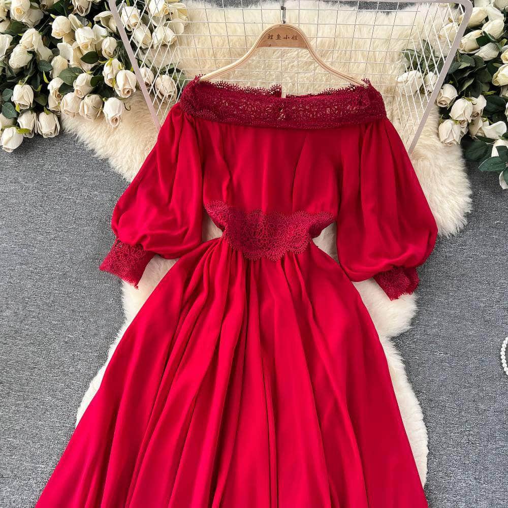 Off-Shoulder Scalloped Lace-Trimmed Maxi Dress