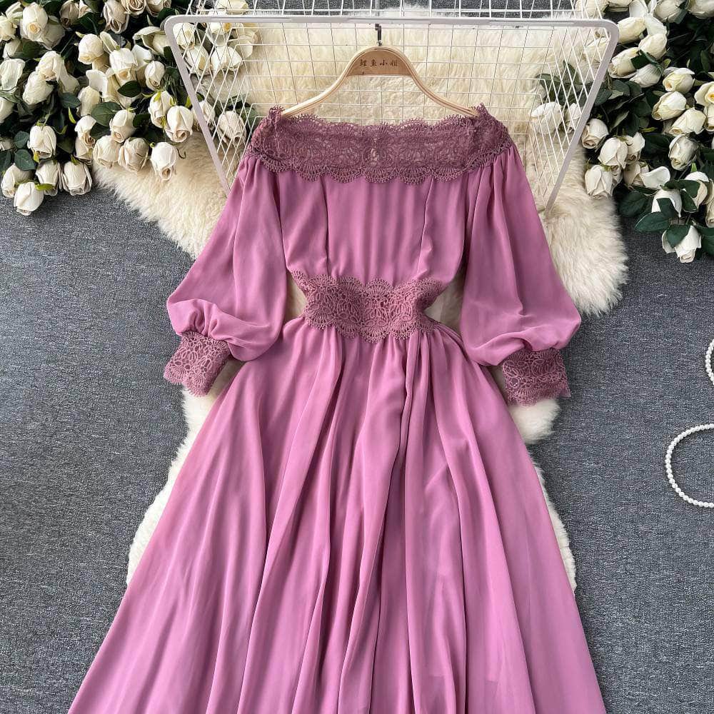 Off-Shoulder Scalloped Lace-Trimmed Maxi Dress