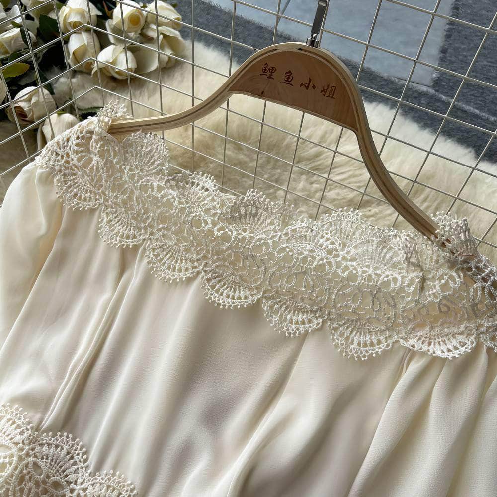 Off-Shoulder Scalloped Lace-Trimmed Maxi Dress