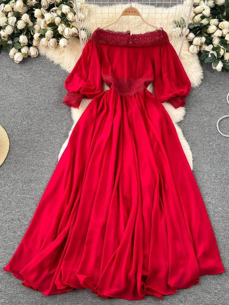 Off-Shoulder Scalloped Lace-Trimmed Maxi Dress MAX SIZE / Red