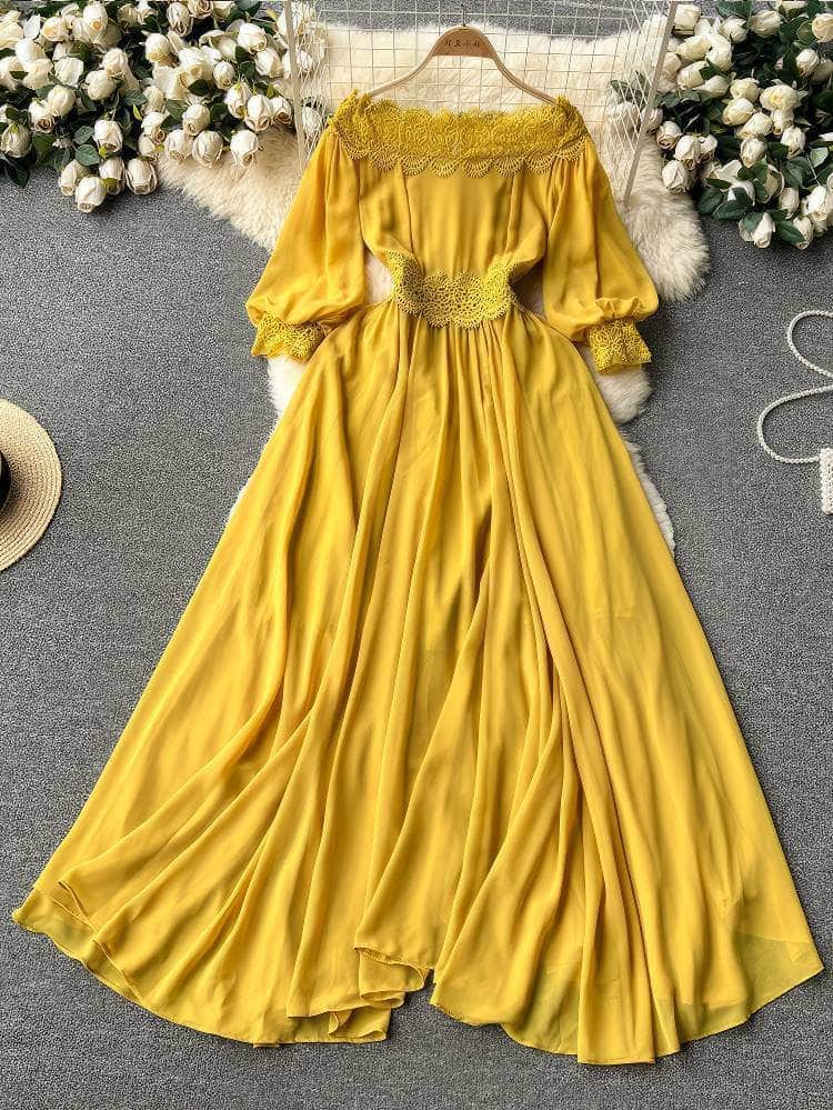 Off-Shoulder Scalloped Lace-Trimmed Maxi Dress MAX SIZE / Yellow