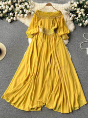 Off-Shoulder Scalloped Lace-Trimmed Maxi Dress MAX SIZE / Yellow