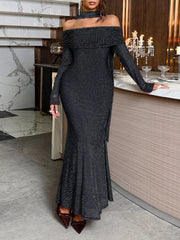 Off-Shoulder Scarf Bodycon Maxi Dress Black / S