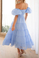 Off Shoulder Short Puff Sleeve Midi Dress