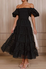 Off Shoulder Short Puff Sleeve Midi Dress
