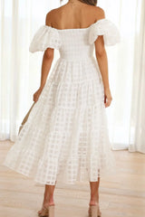 Off Shoulder Short Puff Sleeve Midi Dress