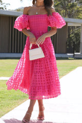 Off Shoulder Short Puff Sleeve Midi Dress Hot Pink / S