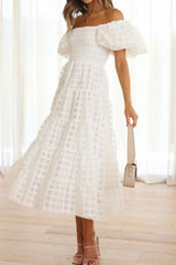 Off Shoulder Short Puff Sleeve Midi Dress White / S