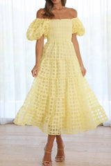Off Shoulder Short Puff Sleeve Midi Dress Yellow / S