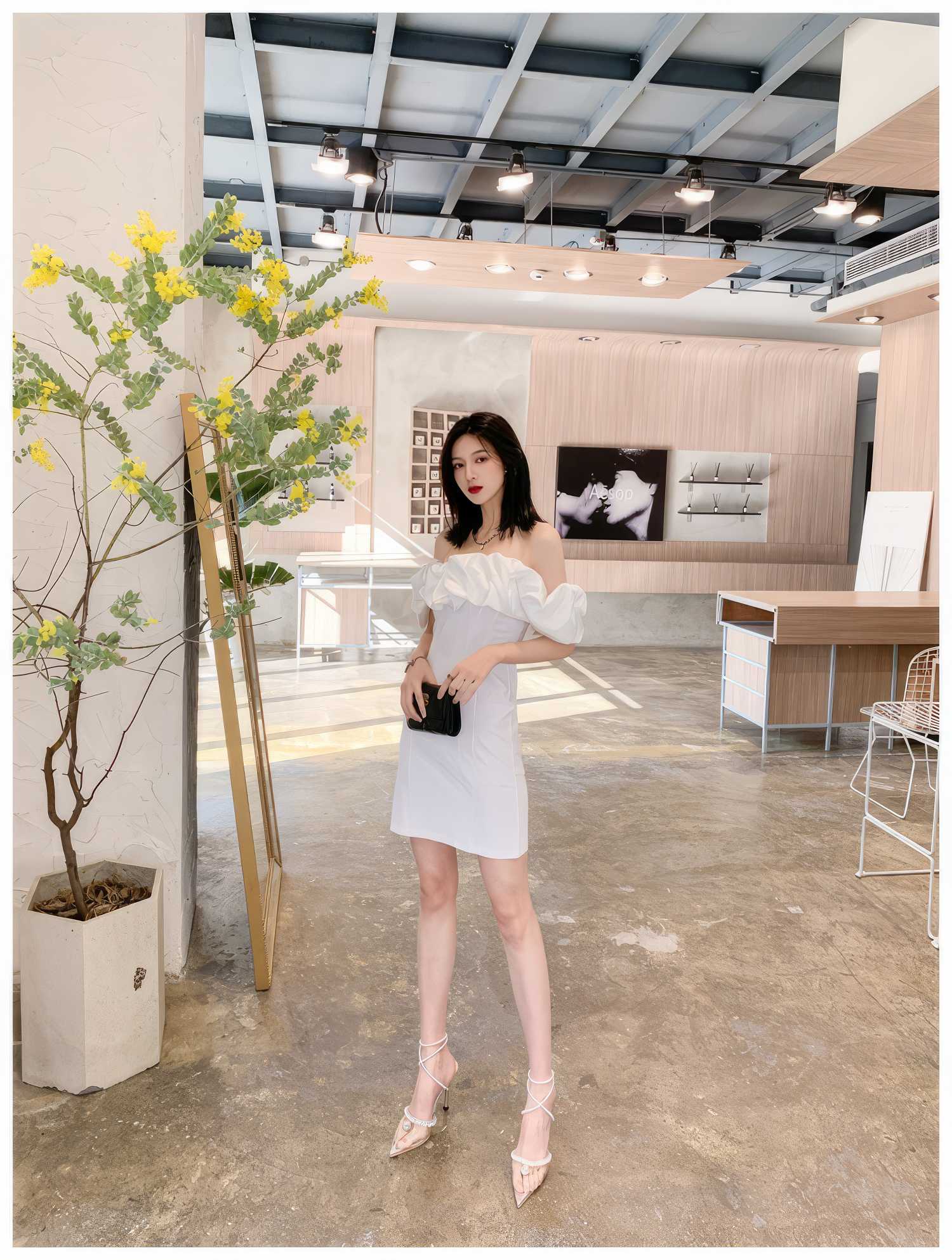 Off-Shoulder Short Sleeve Frill Mini Dress