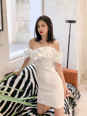 Off-Shoulder Short Sleeve Frill Mini Dress S / White