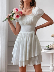 Off-Shoulder Smocked Waist Layered Mini Dress