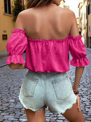 Off-Shoulder Swiss Dot Blouse with Tie Front Detail
