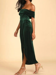 Off-Shoulder Wrap Dress with Side Slit
