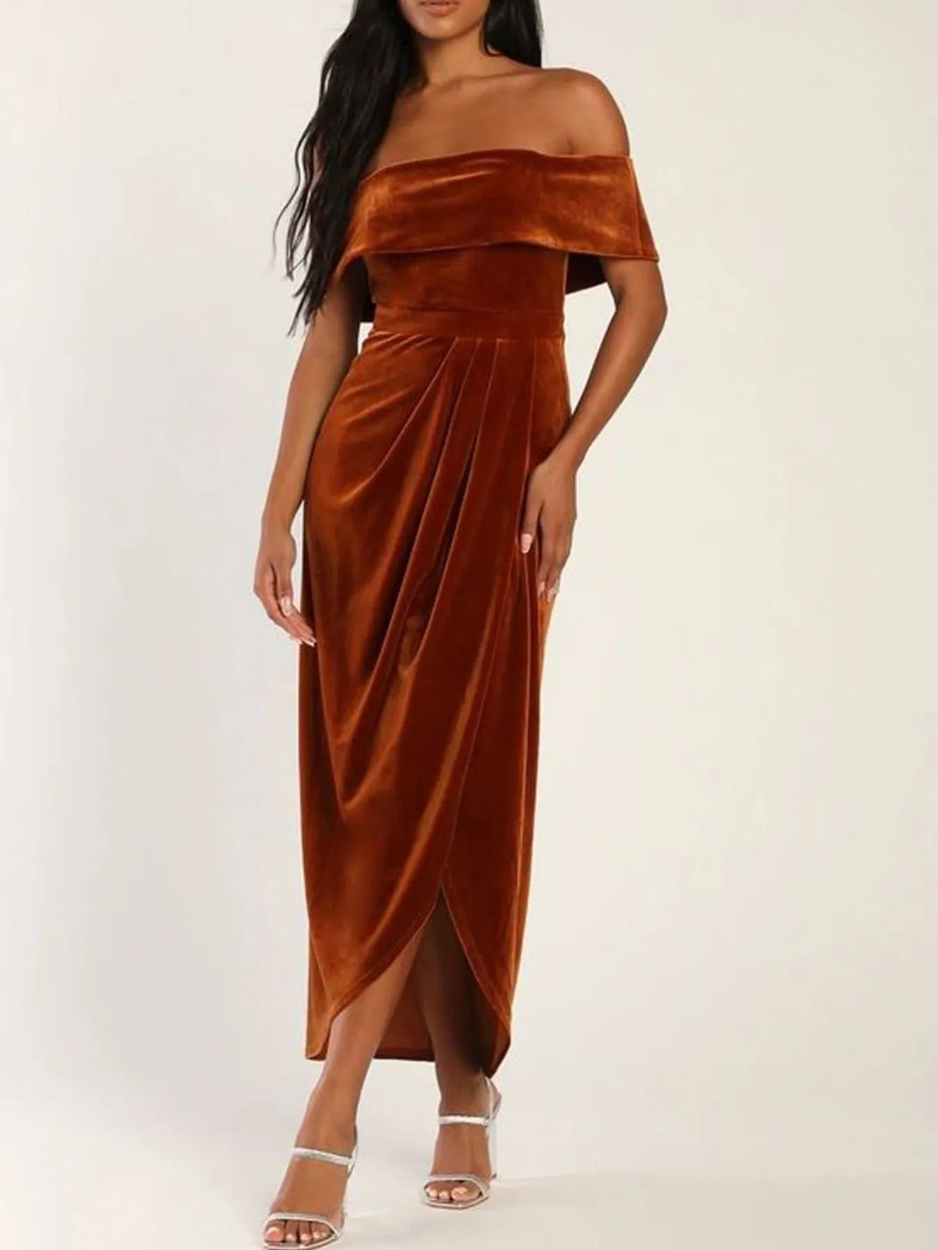 Off-Shoulder Wrap Dress with Side Slit Light Brown / S