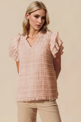 Oh Full Size Frill Notched Flounce Sleeve Blouse Dust Storm / S