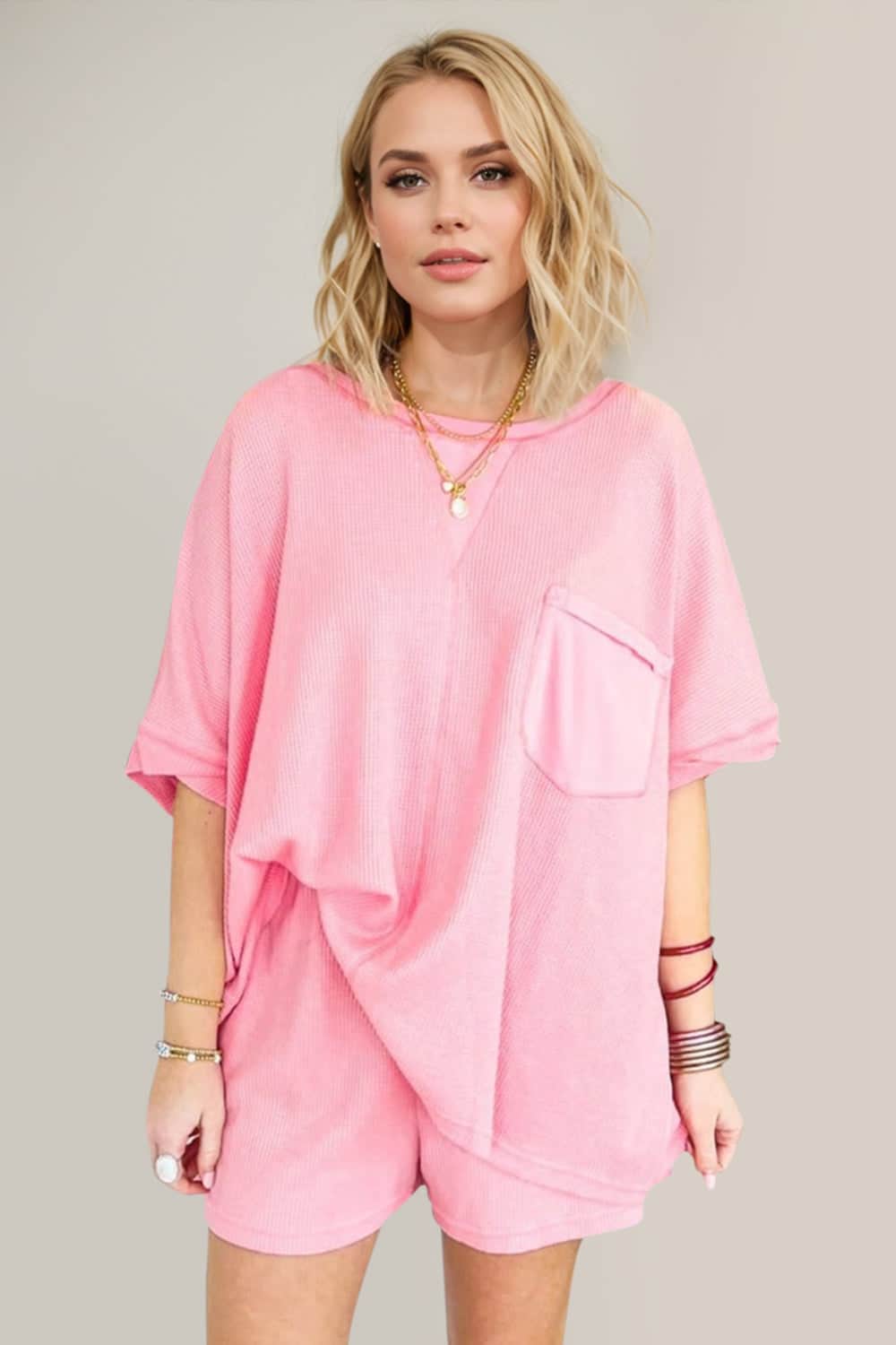 Oh Full Size Round Neck Half Sleeve Top and Shorts Set Dusty Pink / S