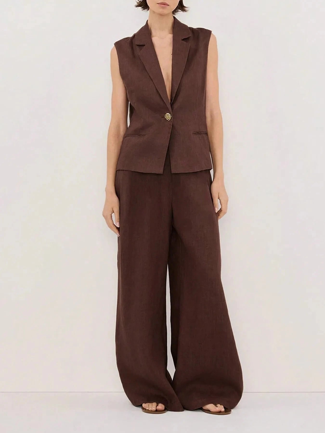 One Button Sleeveless Top and Pants Set Dark Brown / S