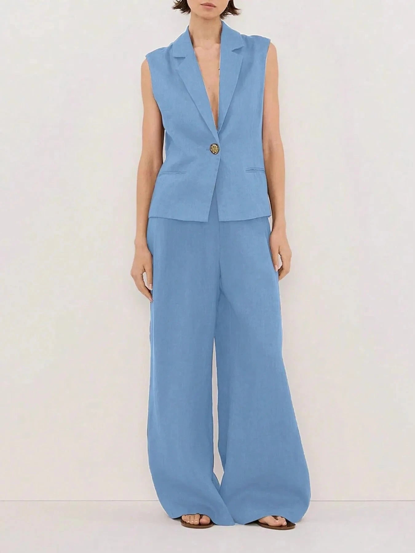 One Button Sleeveless Top and Pants Set Light Blue / S