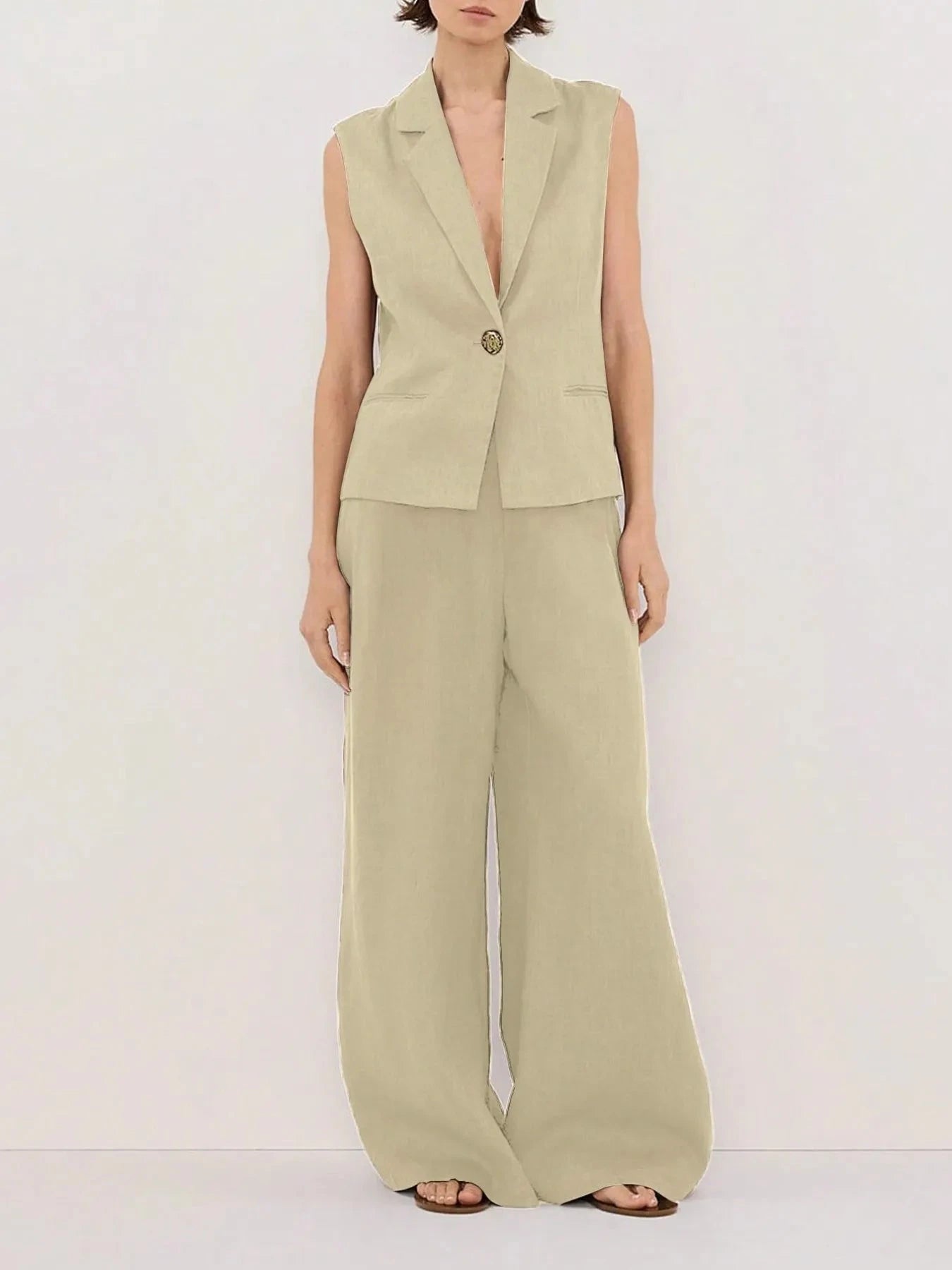 One Button Sleeveless Top and Pants Set Tan / S
